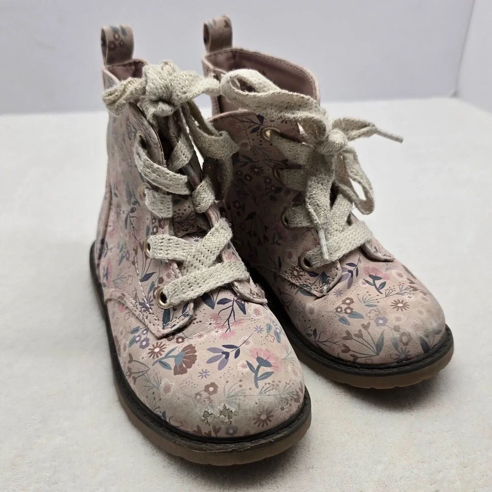 Cat & Jack Toddler Girls Floral Lace Up Combat Boots Pink Size 9 Cottagecore